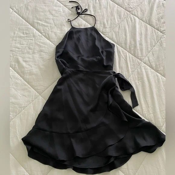Abercrombie & Fitch Black Satin Wrap Mini Dress Size S Waist Tie Open Back Abercrombie & Fitch Black Satin Wrap Mini Dress Size S Waist Tie Open Back